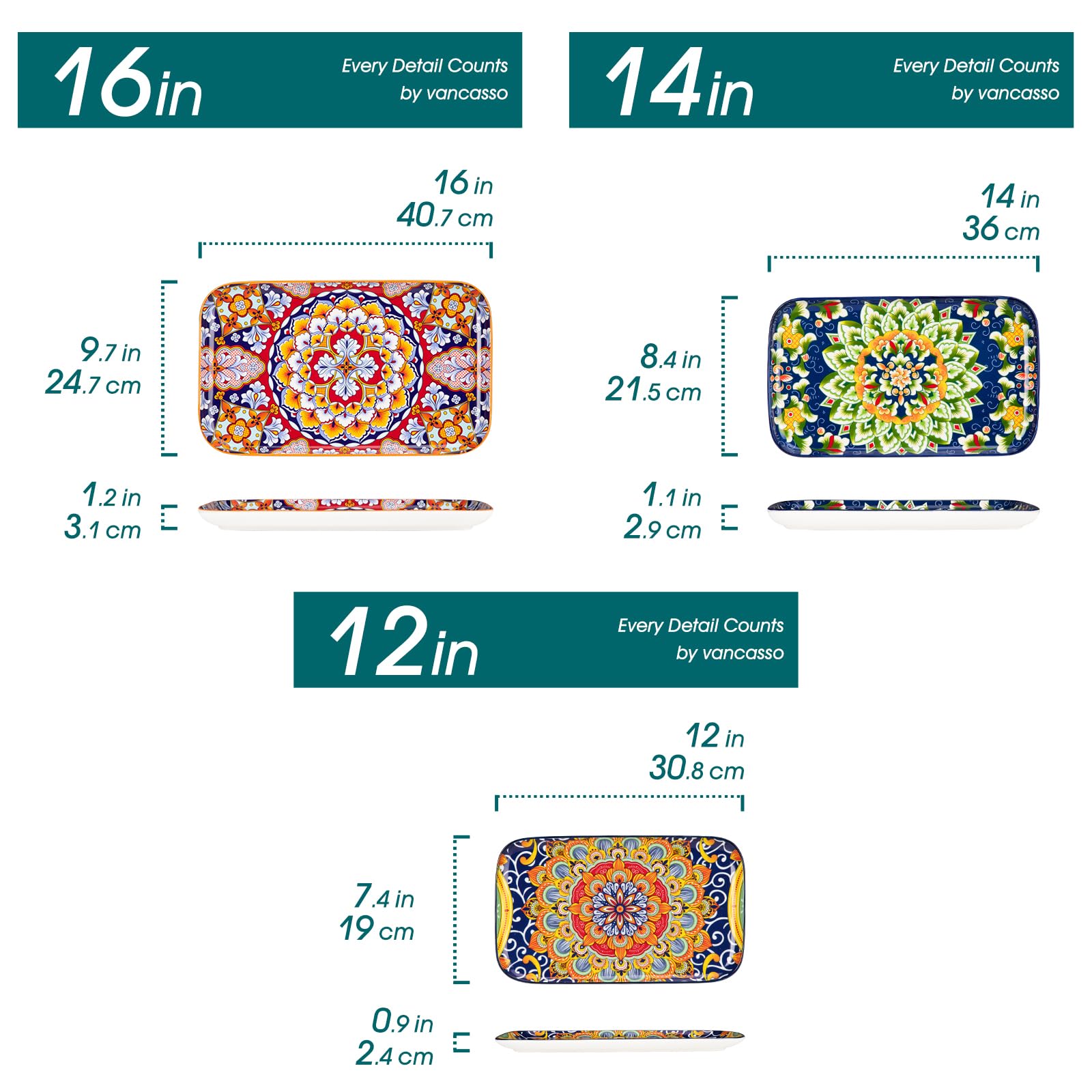 vancasso SIMI Juego de 3 Platos para Servir - Platos Rectangulares con 3 Tamaños para Aperitivos, Sushi, Fruta, Ensalada, Postre - Apto para Microondas/Horno/Lavavajillas - Estilo Bohemio Colorido