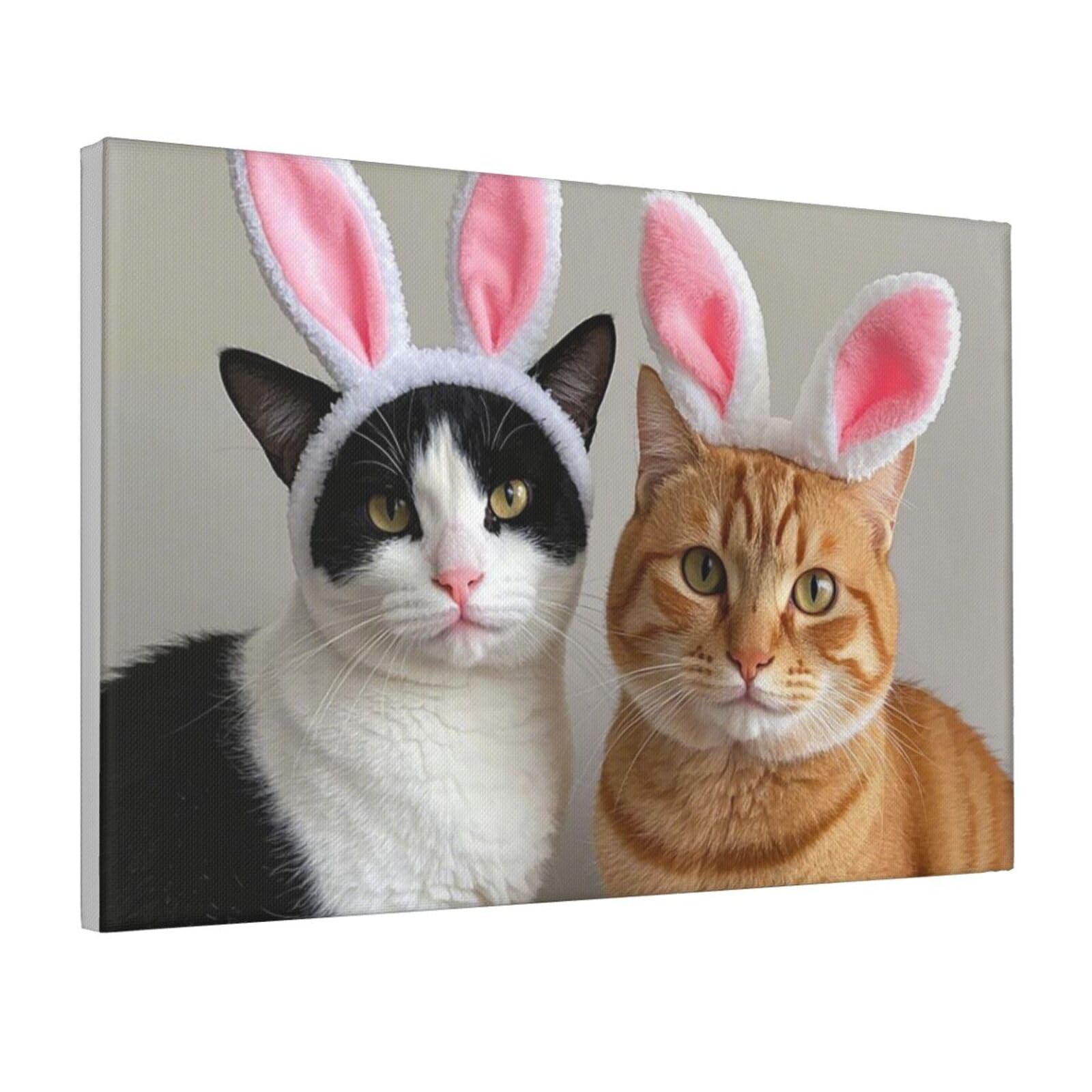 Framed Wall Art for Living Room Art Work, Cow cat and ginger cat wearing bunny ears Picture Prints Modern Office Wall Paintings Poster Aesthetic Wall Decorations for Home Decor Ready To Hang 16"x24"