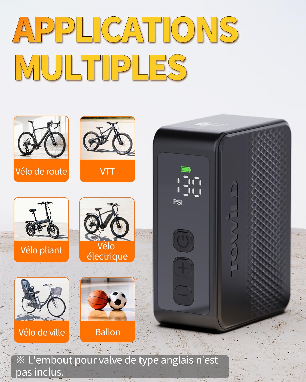 TOWILD A13 Pompe À Vélo Électrique Portatifs, Max 130 PSI Mini Compresseur d'air à Arrêt Automatique avec Valves Presta et Schrader pour Vélos de Route VTT Ville Route E-Bike Rechargeable Type-C