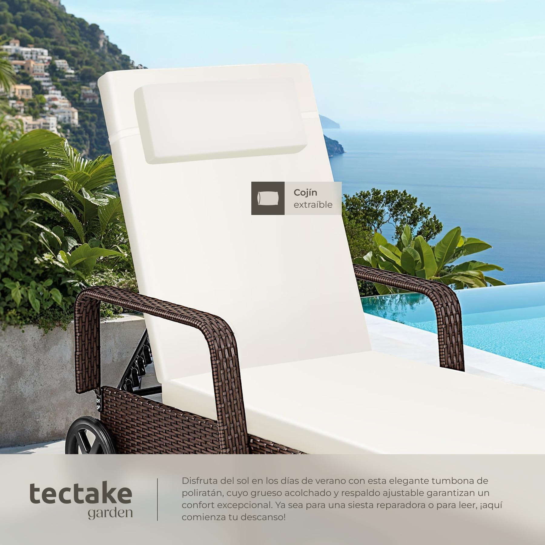 tectake®, Tumbona Chaise Longue, Ajustable de Poliratán con Ruedas, Mueble Exterior Sofa Acolchado para Jardín y Terraza, 6 Posiciones, Fácil de Limpiar, Moderno, Hamaca de Jardín - Marrón/Blanco