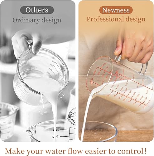 Vista 9 de Newness Taza medidora de vidrio con asa, 33.8 fl oz (1 litro, 4 tazas) taza medidora de doble cara con tres escalas (OZ, taza, ML/CC) y pico