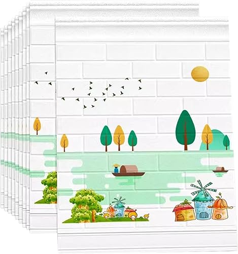 SOVORM 10 Pcs 3D Peel and Stick Wall Panels，White Faux Foam Brick with Landscape Pattern，for Living Room, Bedroom,Kitchen, Accent Wall Decor