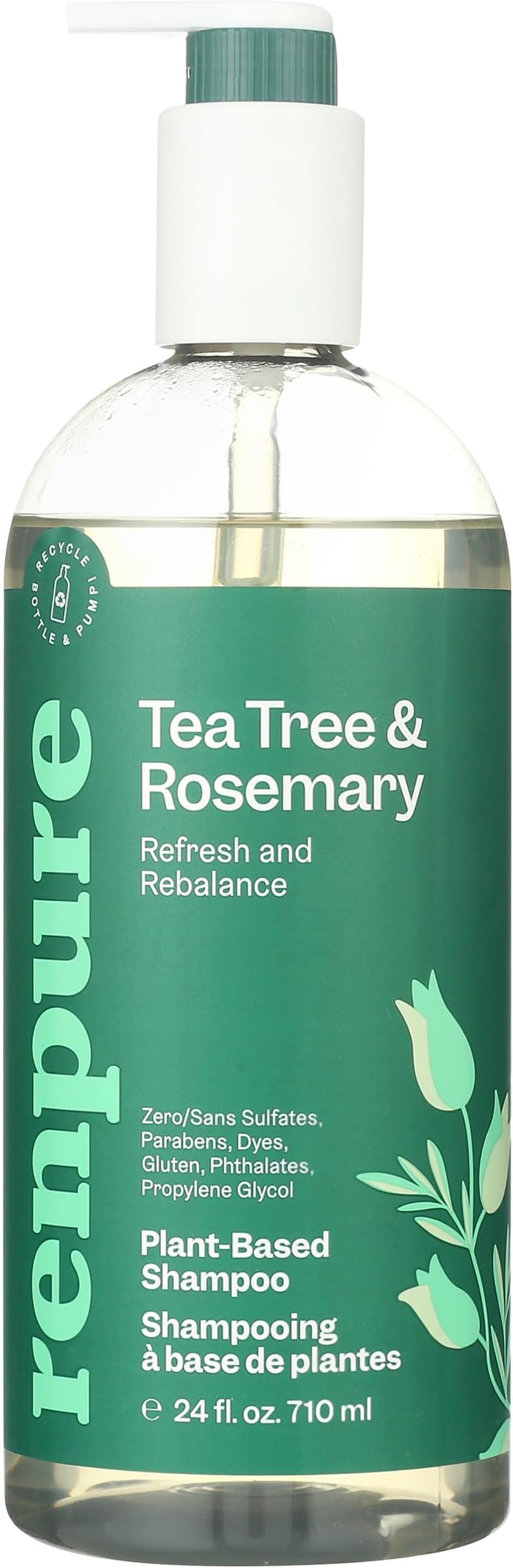 Renpure Plant Based Tea Tree and Rosemary Refresh and Rebalance Shampoo - Soothes Dry Scalp - Delivers Moisture and Shine - Rids Hair of Grime - Dye Free - Recyclable, Pump Bottle Design - 24 fl oz