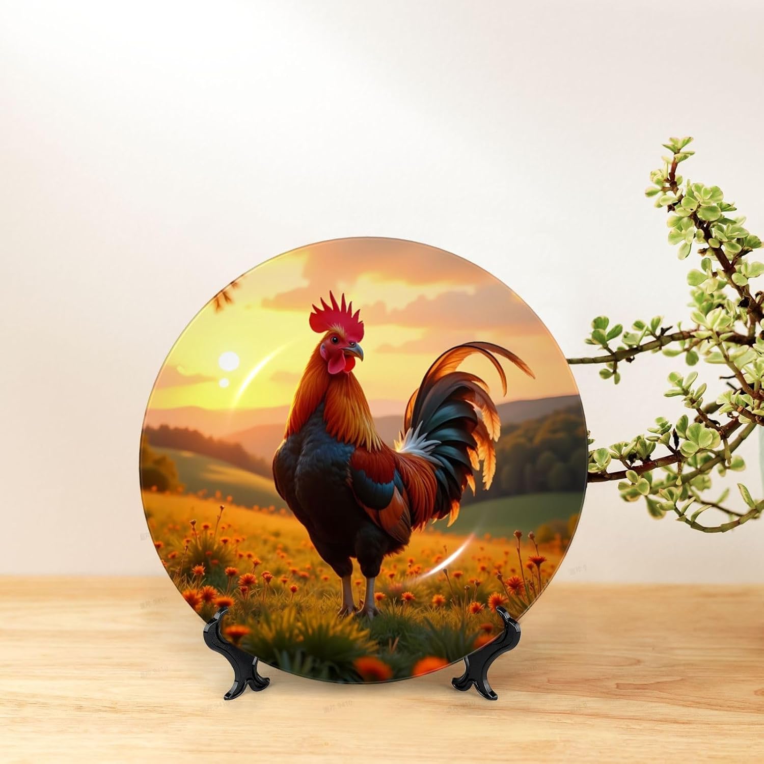 Flower Rooster Style Ceramic Plate Display Decorative Plate With Stand Wall Hanging Plate For Home Decor 10 Inch
