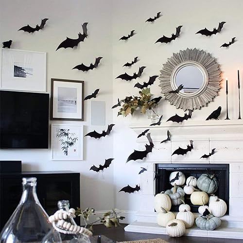 Miniatura 3 de EIOAUY Murciélagos para decoración de pared de Halloween, 72 calcomanías de murciélago negro 3D para decoración del hogar, suministros de fiesta de