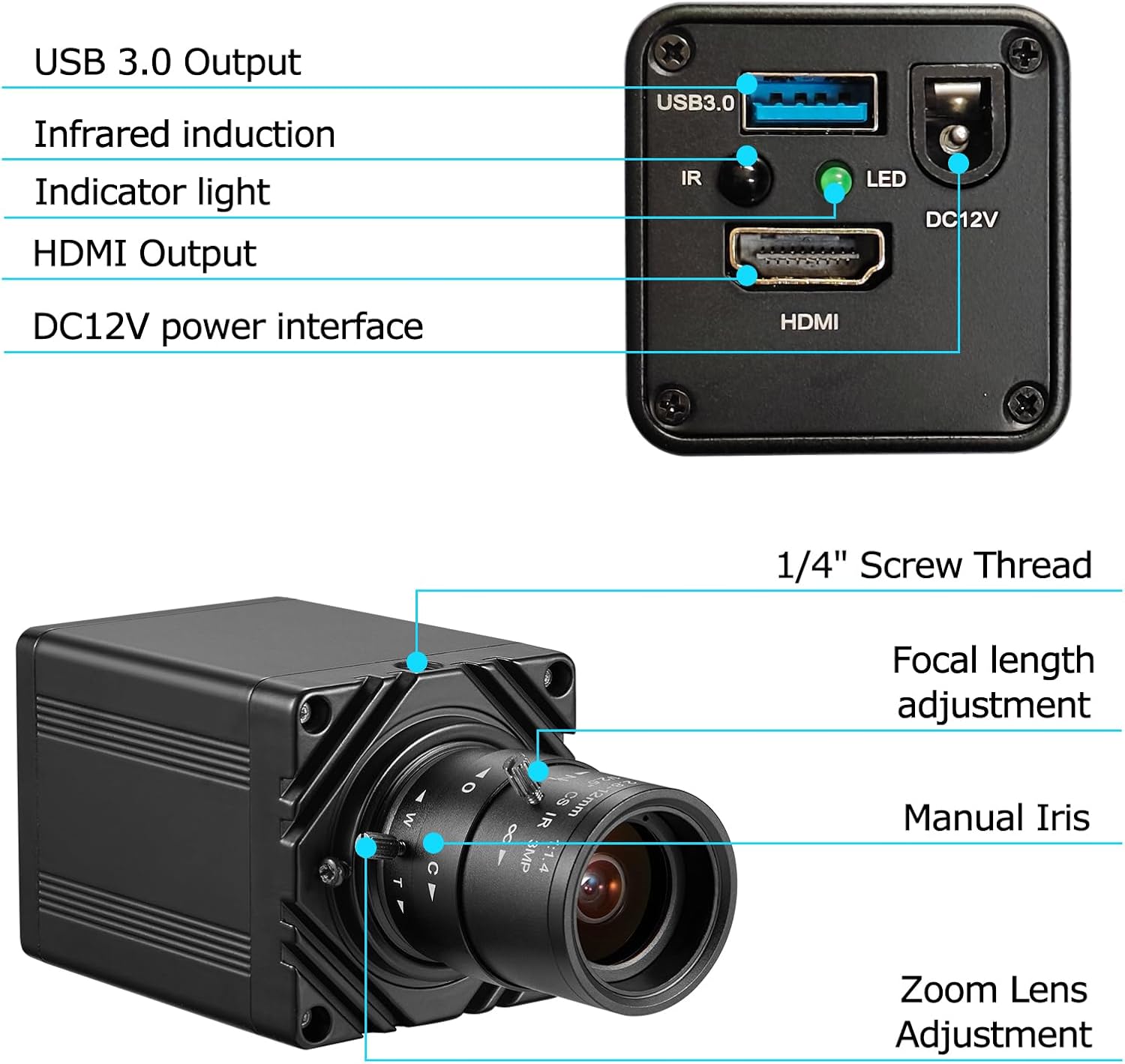 HDMI USB3.0 Dual Output HD 4K30fps Digital Security Camera, Industry Digital C-Mount with Manual 2.8-12mm Varifocal HD Lens, OSD Menu via Remote Controller