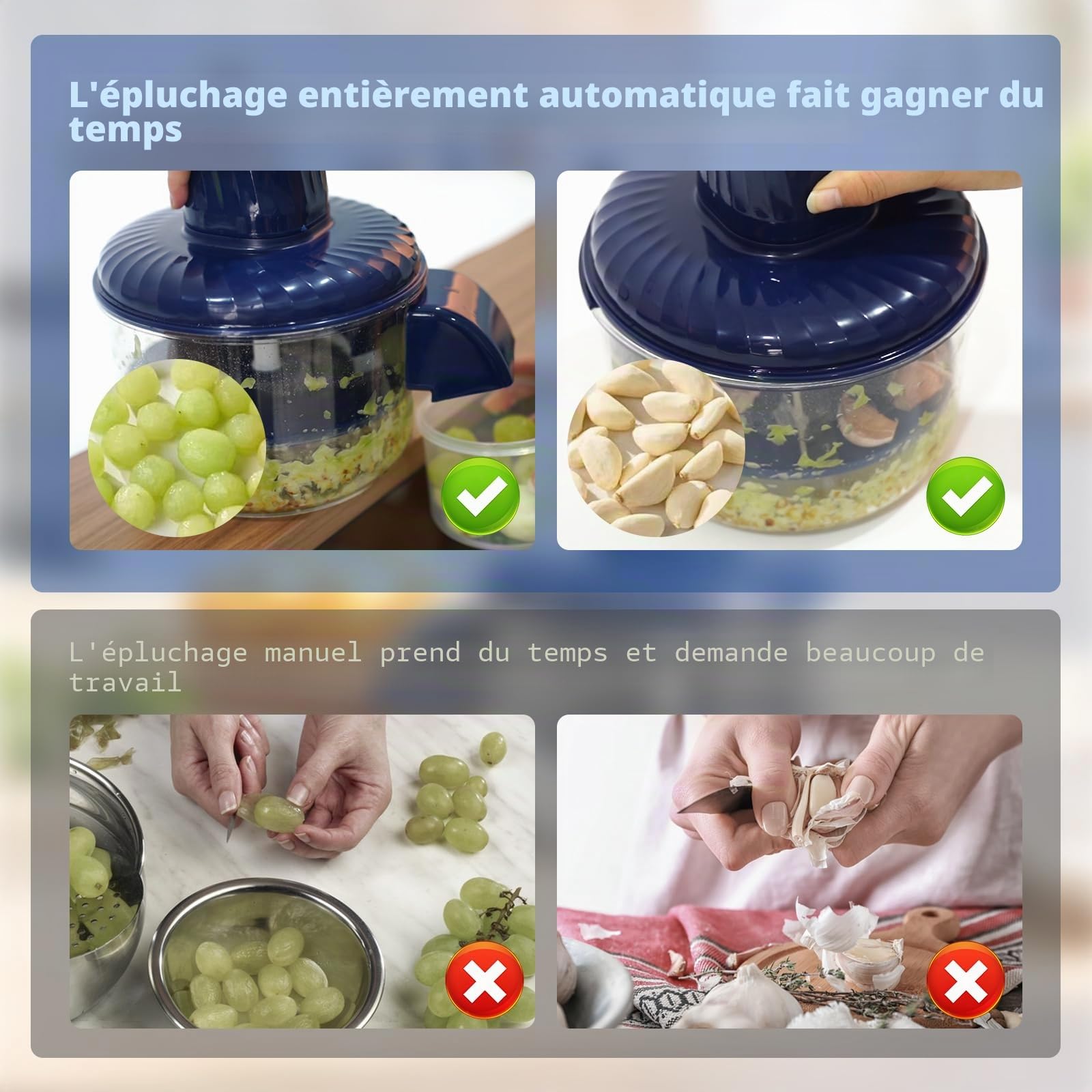 Éplucheur de raisin électrique, 3 en 1 automatique automatique pour petits fruits, éplucheur d'ail, machine pour raisins, ail, tomates, dattes, prunes, olives