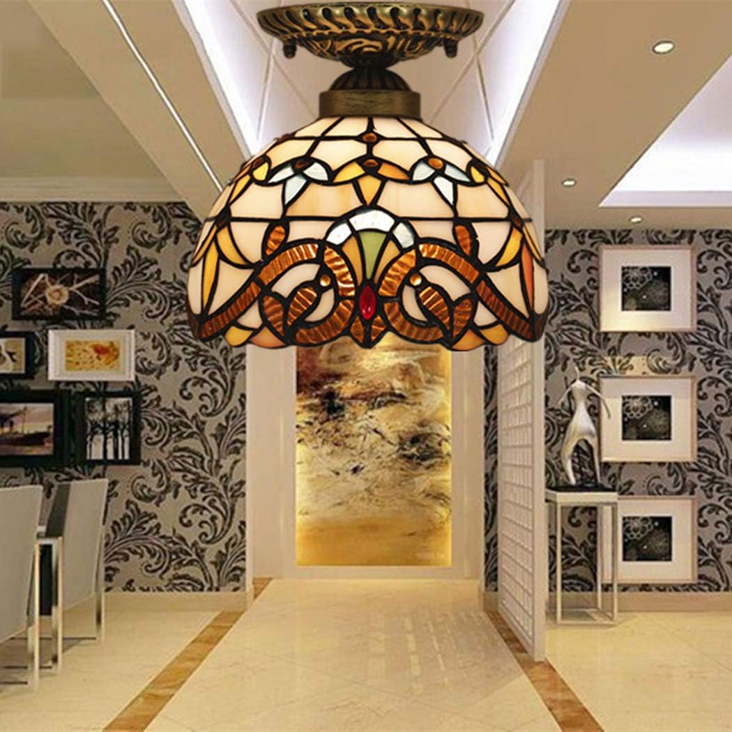 GDLight European Retro Baroque Ceiling Lamp Tiffany Style Stained Glass Lamp Shade Lighting Fixture for Bar Restaurant Aisle Corridor Balcony Porch, 8 Inch