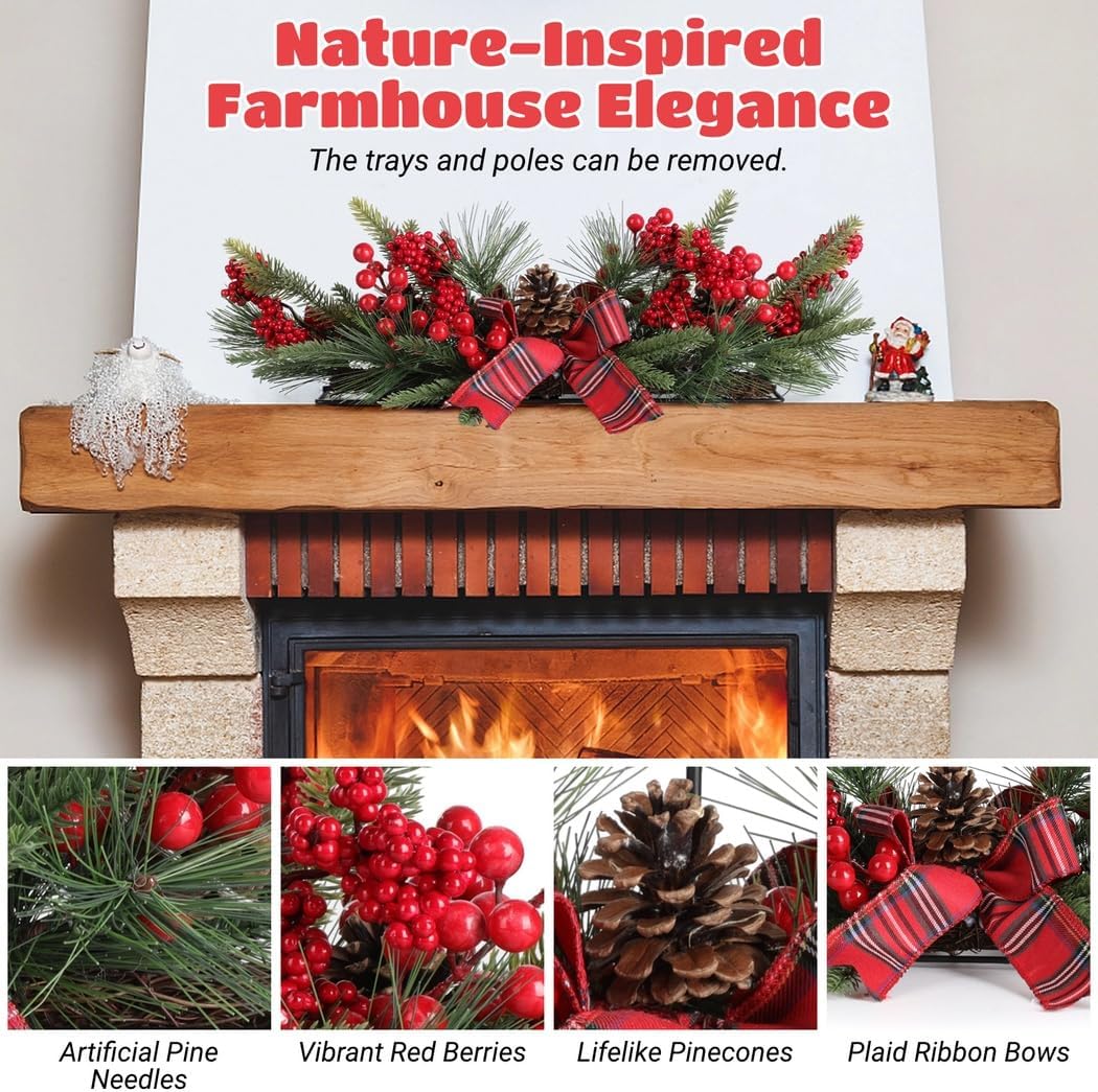 3 in 1 Candle Holder, 8 Pcs Table Centerpieces, Christmas Candle Holder, Red Berries Ribbon Bows, Home Christmas Decorations, Santa Claus Xmas Honeycomb Centerpieces, Warm White Light String