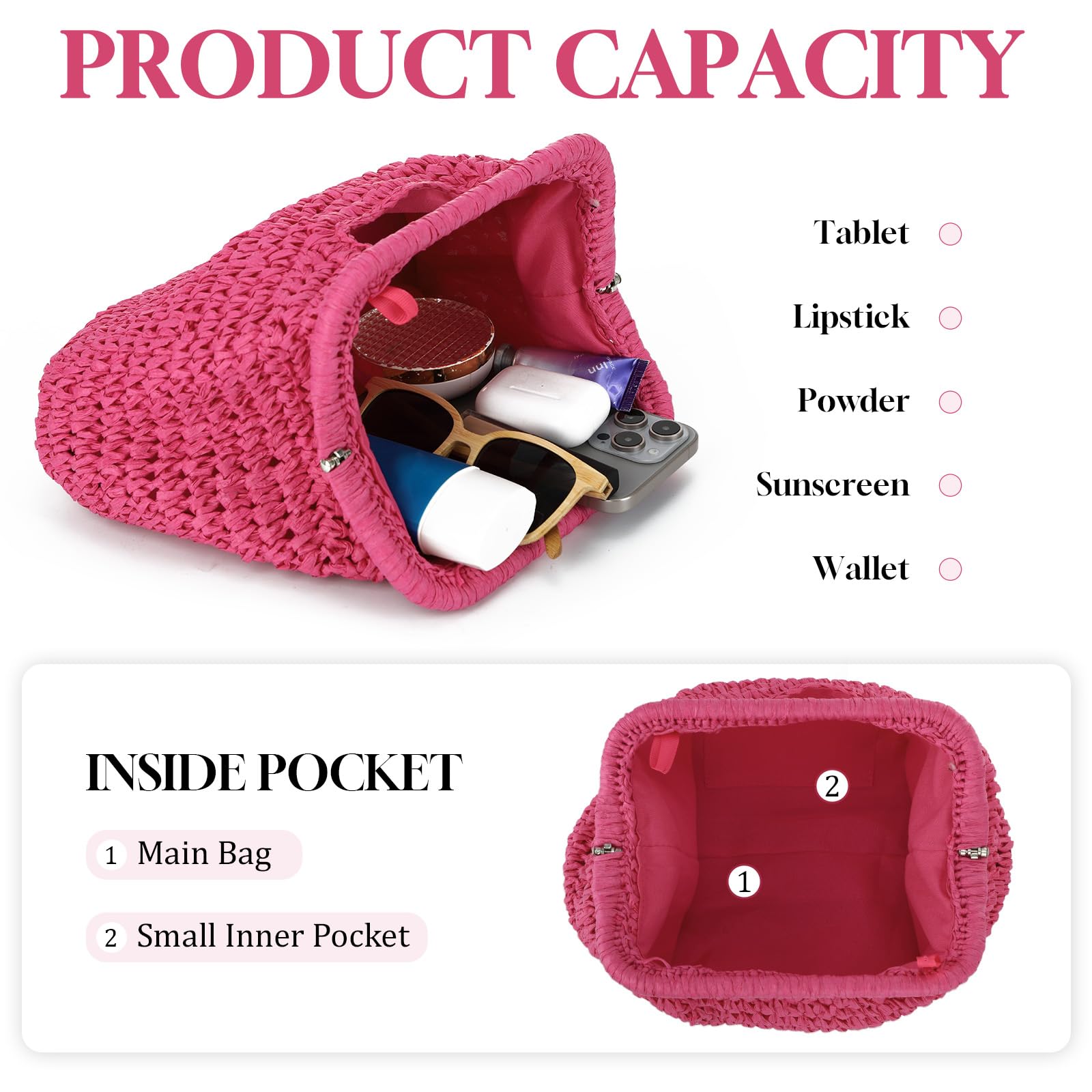 EVEOUT Pochette en Paille Tressé Femme Clutch de Fête Soirée en Faux Raphia avec Chaîne été Boho Chic Sac à main Tissé pour Plage,Vacances