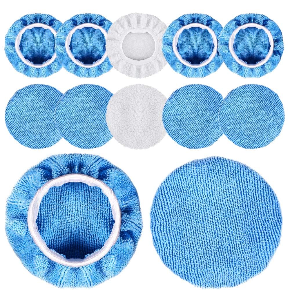 NALACAL 12 Packs Car Polisher Pad Bonnets 5 to 6 Inch with 10 Packs Microfiber Car Polishing Bonnets and 2 Packs Waxing Bonnet for Car Polisher