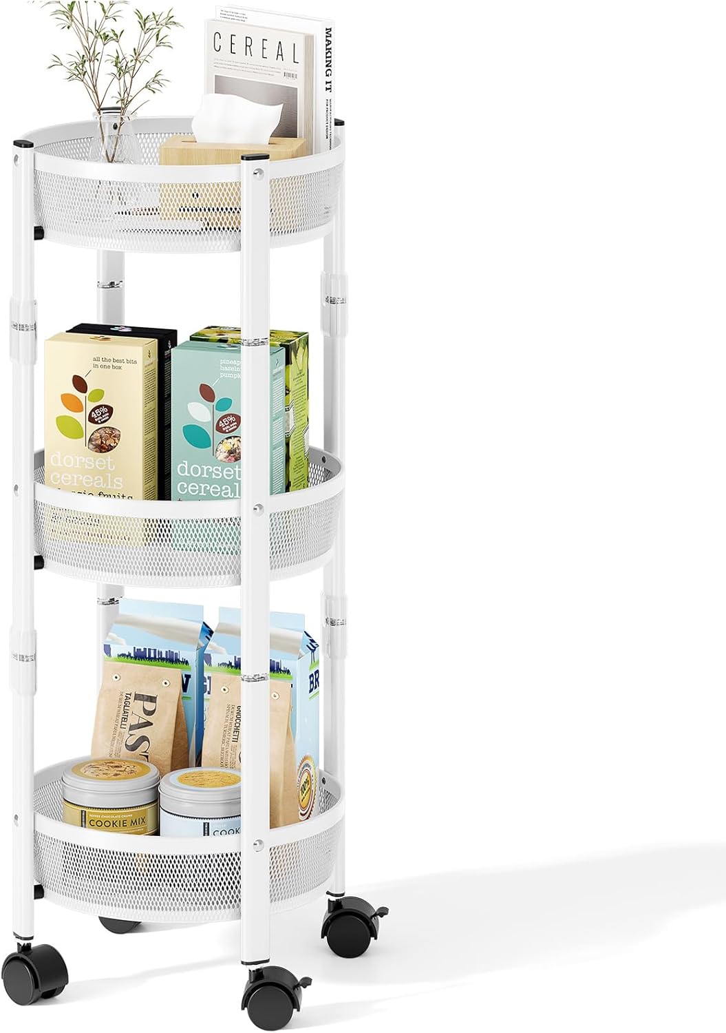 TOOLF 3-Tier Foldable Rolling Cart, Collapsible Metal Utility Cart with Wheels, No Assemble, Multifunction Storage Organizer Trolley for Kitchen, Bathroom, Dorm, Nursery, White