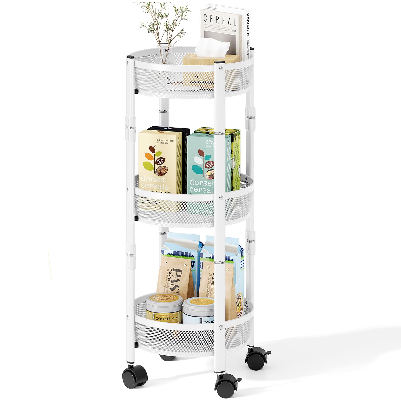 TOOLF 3 Tier Foldable Rolling Cart, Metal Utility Storage Cart, White