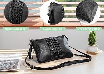 Black Clutch for Women PU Leather Small Handbags for Ladies Tassel Cross Body Shoulder Bag Rivets Crossbody Bag with Wrist Strap