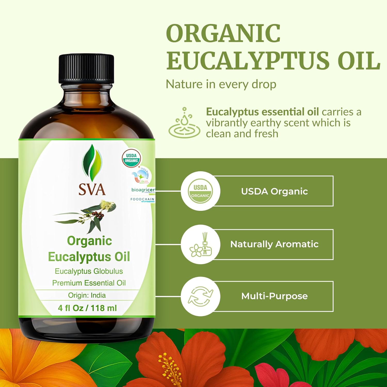 SVA Eucalyptus Essential Oil Organic – 4 Fl Oz – 100% Natural Organic Eucalyptus Oil - for Diffuser, Hair, Face, Skin Care, Aromatherapy, Scalp and Body Massage, Soap and Candle Making - with Dropper - Image 2