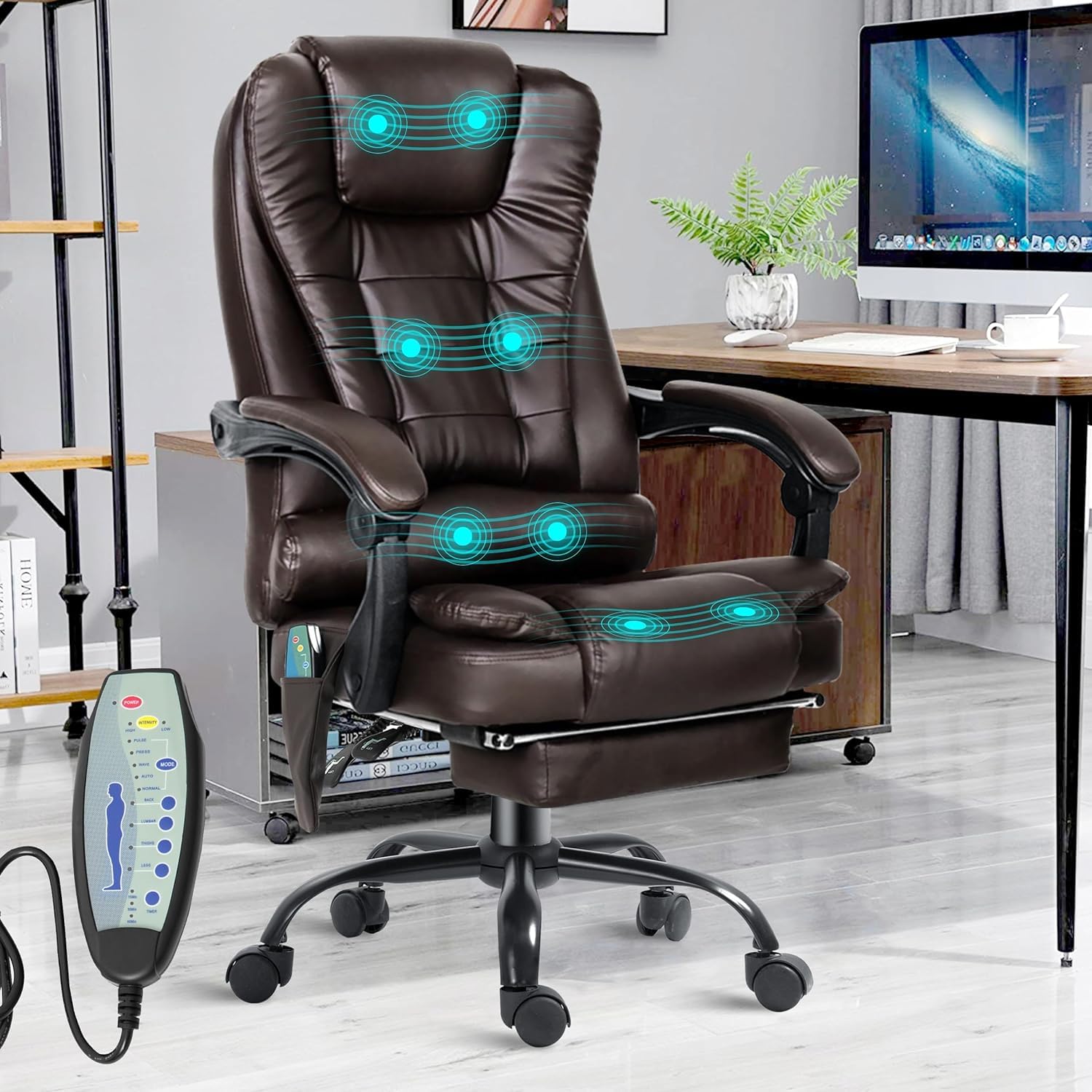 Blisswood8 Point Massage Office Chair For Home Office,Executive Office Chair With Footrest & Lumbar Support 130° Reclining Computer Desk Chairs Adjustable Height 360° Swivel Recliner Chair (Brown)