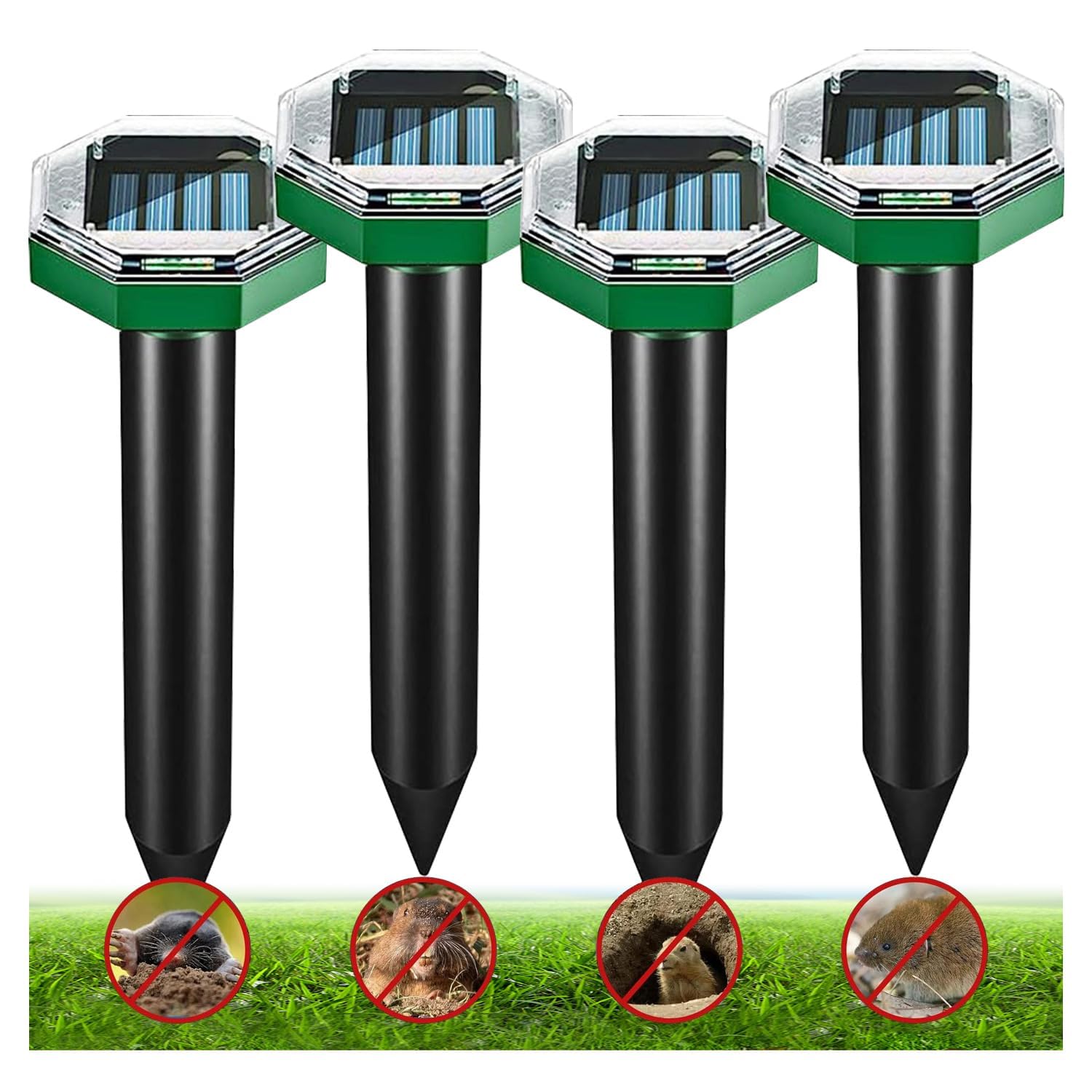 Dissuasore per talpe, a energia solare, a ultrasuoni, per topi, arvicole, serpenti, scoiattoli, IP65, impermeabile, per giardino, 4 pezzi