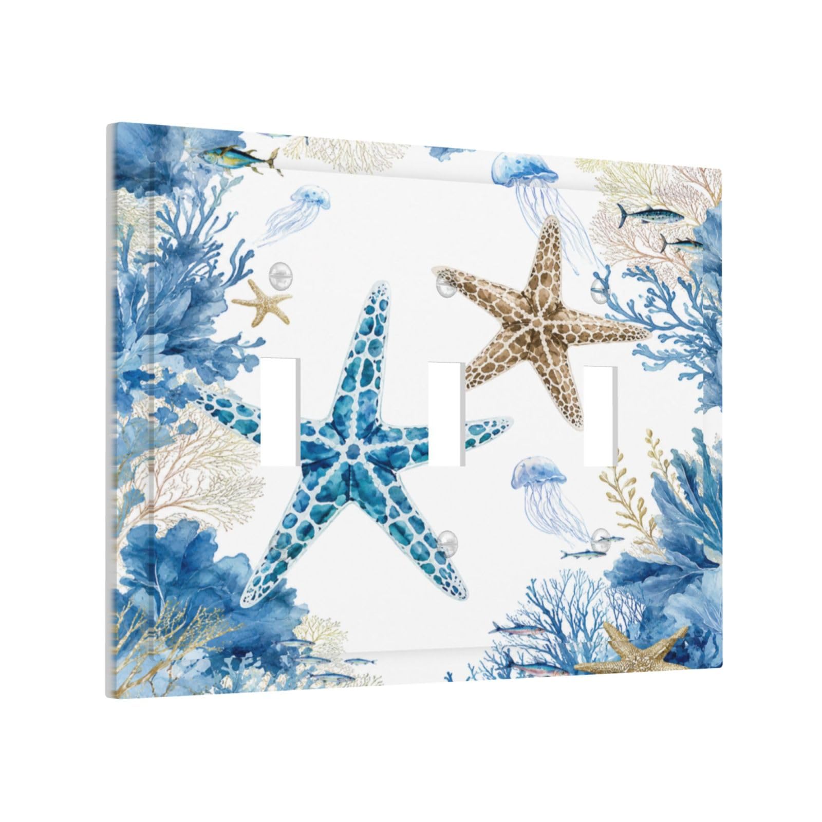 Yamxbfa Blue Starfish Coral Reef Jellyfish Tropical Fish Coasta Decorative Light Switch Cover Plate Blue Starfish Coral Reef Jellyfish Fish Coasta 3 Gang Wall Plates Triple Toggle Electrical Switch Plate Covers Outlet Covers Faceplate For Bathroom Decor