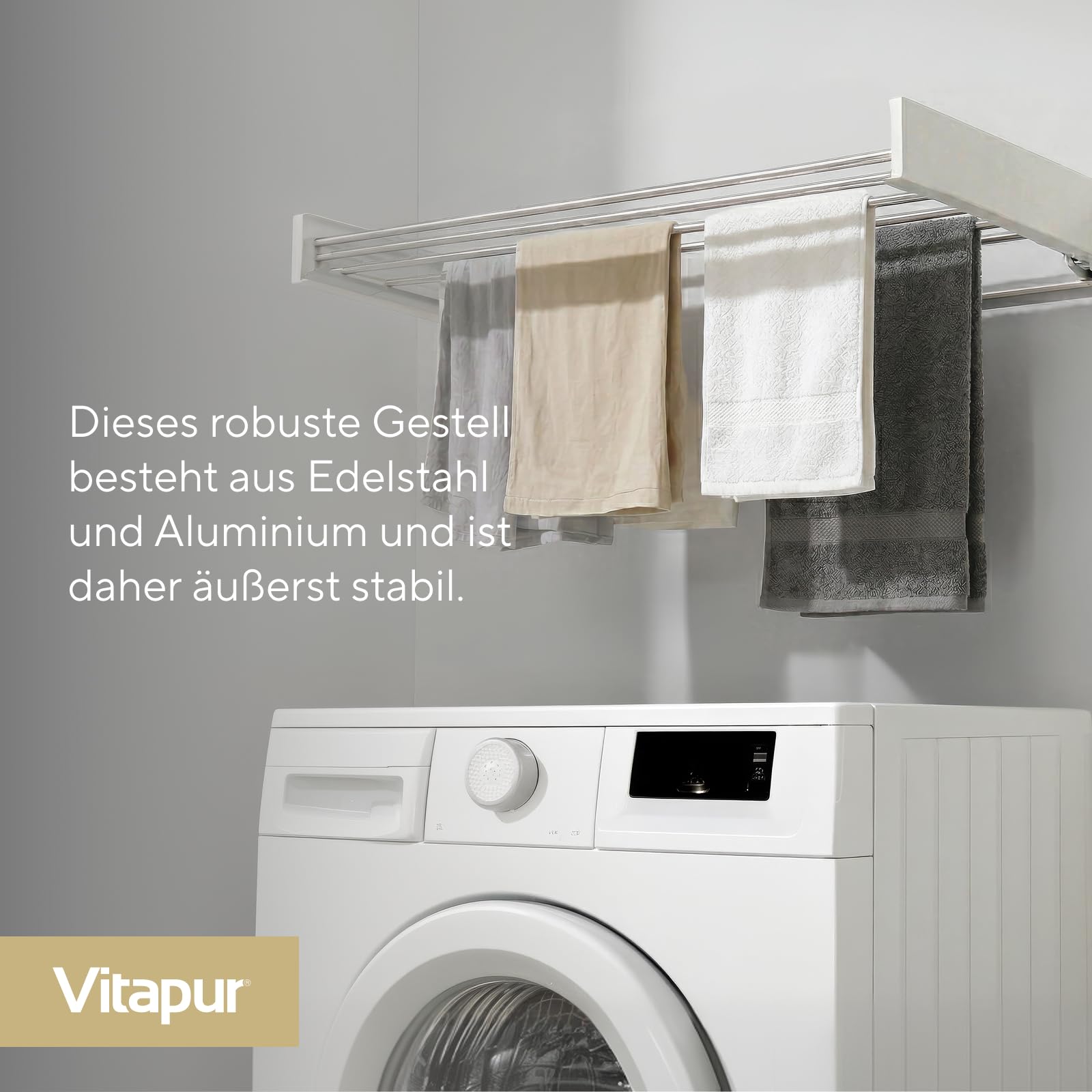 VITAPUR Stendibiancheria da Parete Retrattile - Per Carico Completo - 4m Superficie Pieghevole - Design Elegante e Antiruggine - 6 Barre Antiruggine, Estensibile per Interni ed Esterni - Marchio UE