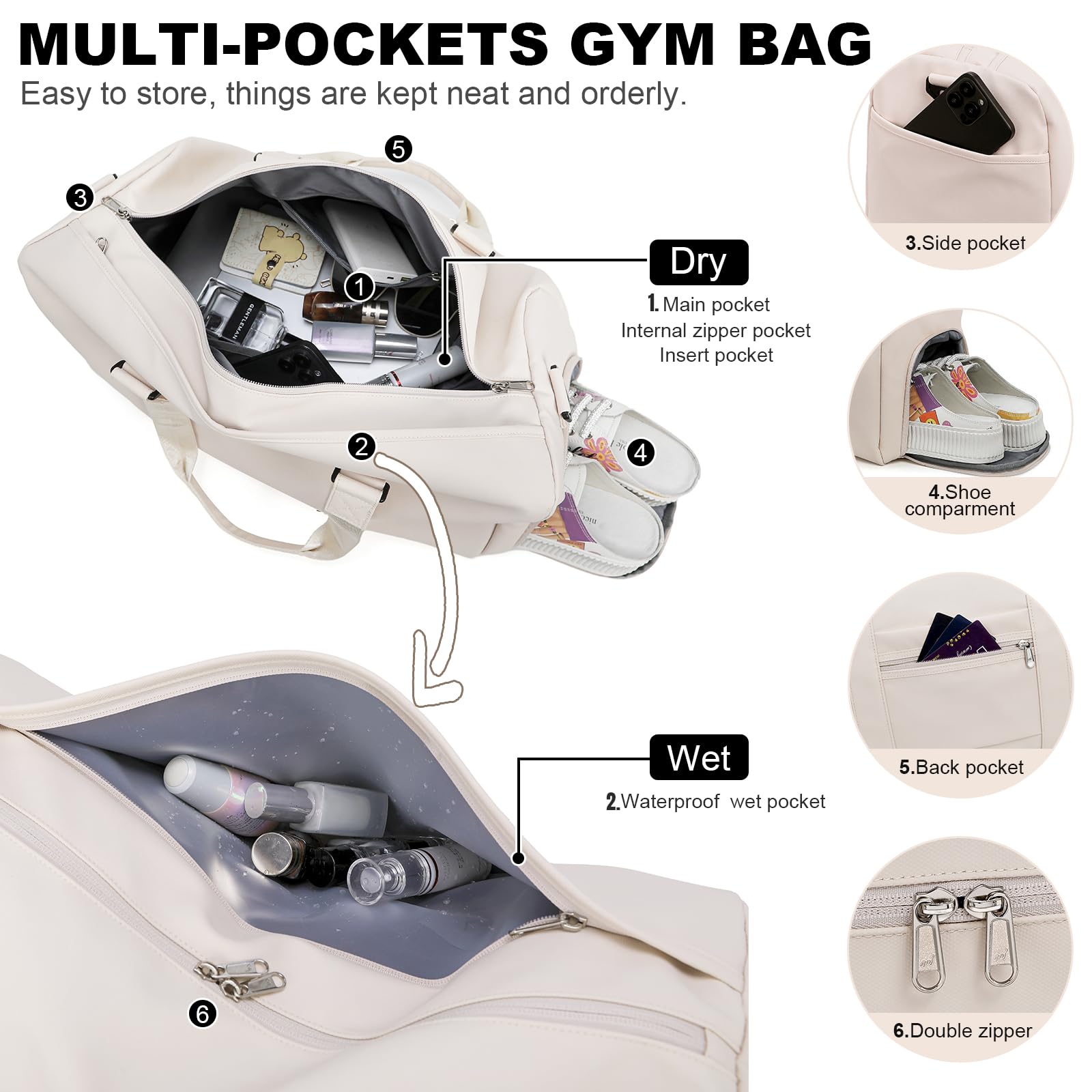 NOL Sports Turnbeutel für Damen und Herren, Seesack für Reisen, wasserdichte Handgepäcktasche mit Schuhfach & Nasstasche, 4, Cream, Modern