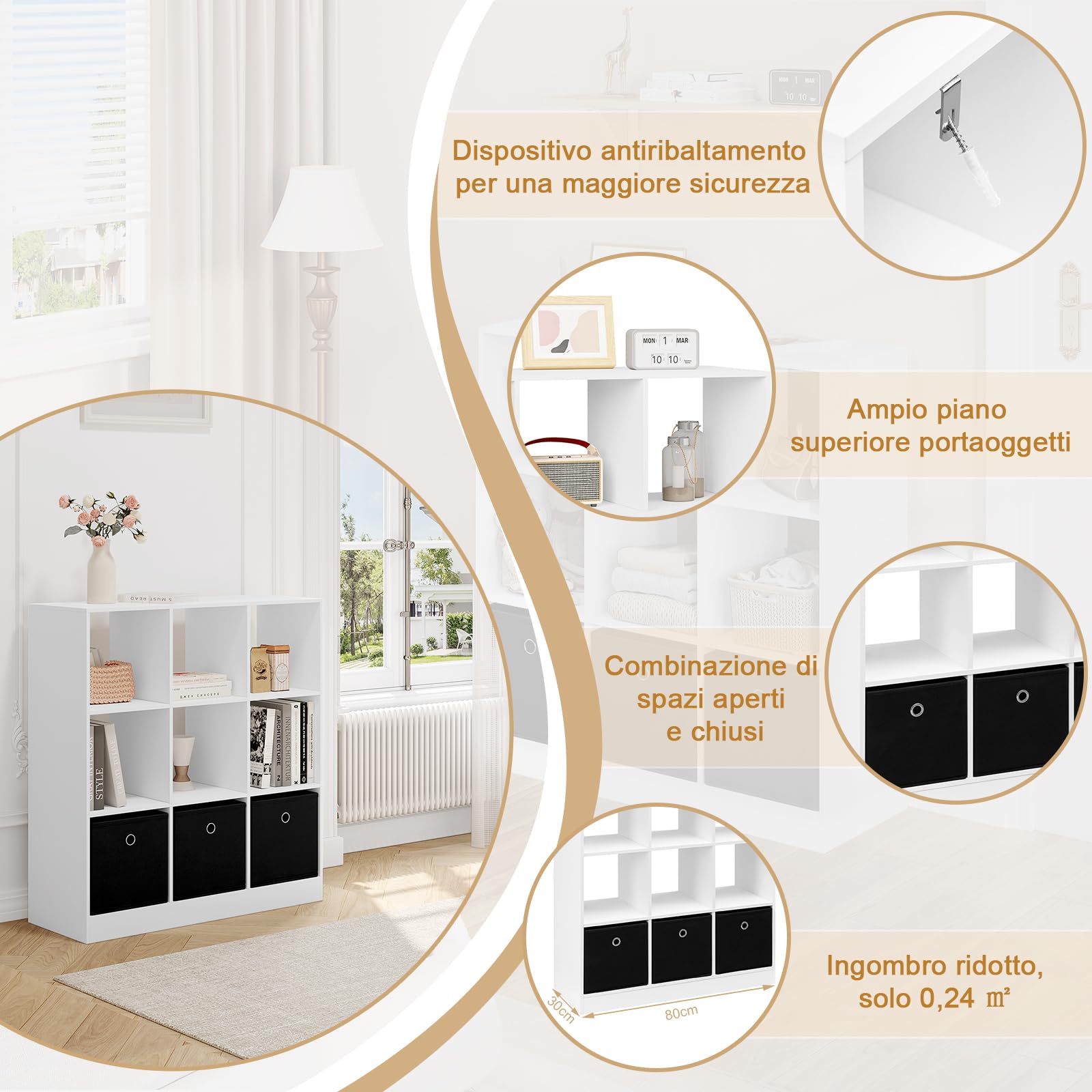 WOLTU Libreria Bianca, Libreria a 9 Cubi Portaoggetti, Scaffale in Legno con 3 Cassetti in Tessuto Non Tessuto, per Soggiorno, Camera da Letto, Ufficio, 80x30x86,5 cm, SK041ws
