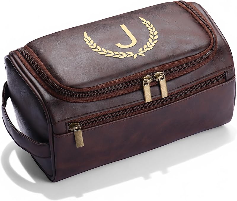 Necessaire masculina OXYEFEI em couro sintético, marrom-escuro, com estampa de letra e zíper, modelo J