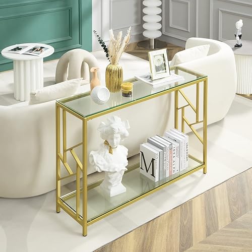 SICOTAS Mesa de entrada de 2 niveles estrechos de cristal para entrada, mesa larga de sofá, marco de metal, mesas de vestíbulo, mesa de entrada