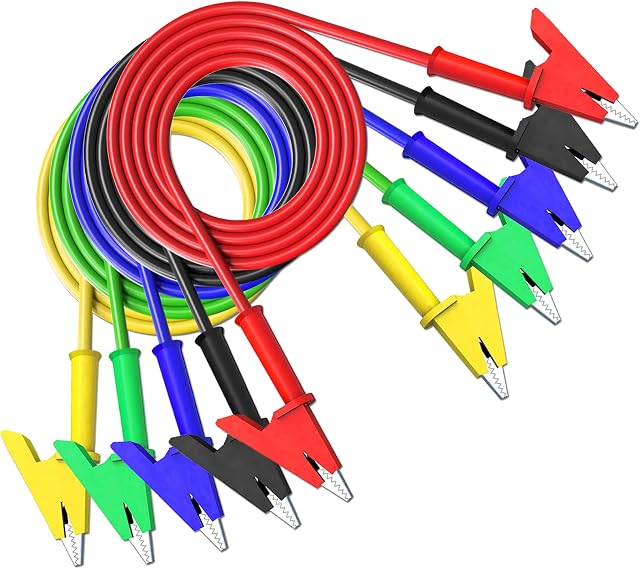 Cleqee 5PCS Test Leads Dual Ended Crocodile Alligator Clips Copper Clamps Heavy Duty Flexible 1M Test Cables 5 Colors for Multimeter Testing