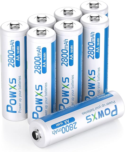 POWXS AA Rechargeable Batteries 2800mAh Ni-MH AA Batteries, 1500 Cycles Low Self-Discharge High Capactiy, Pack of 8
