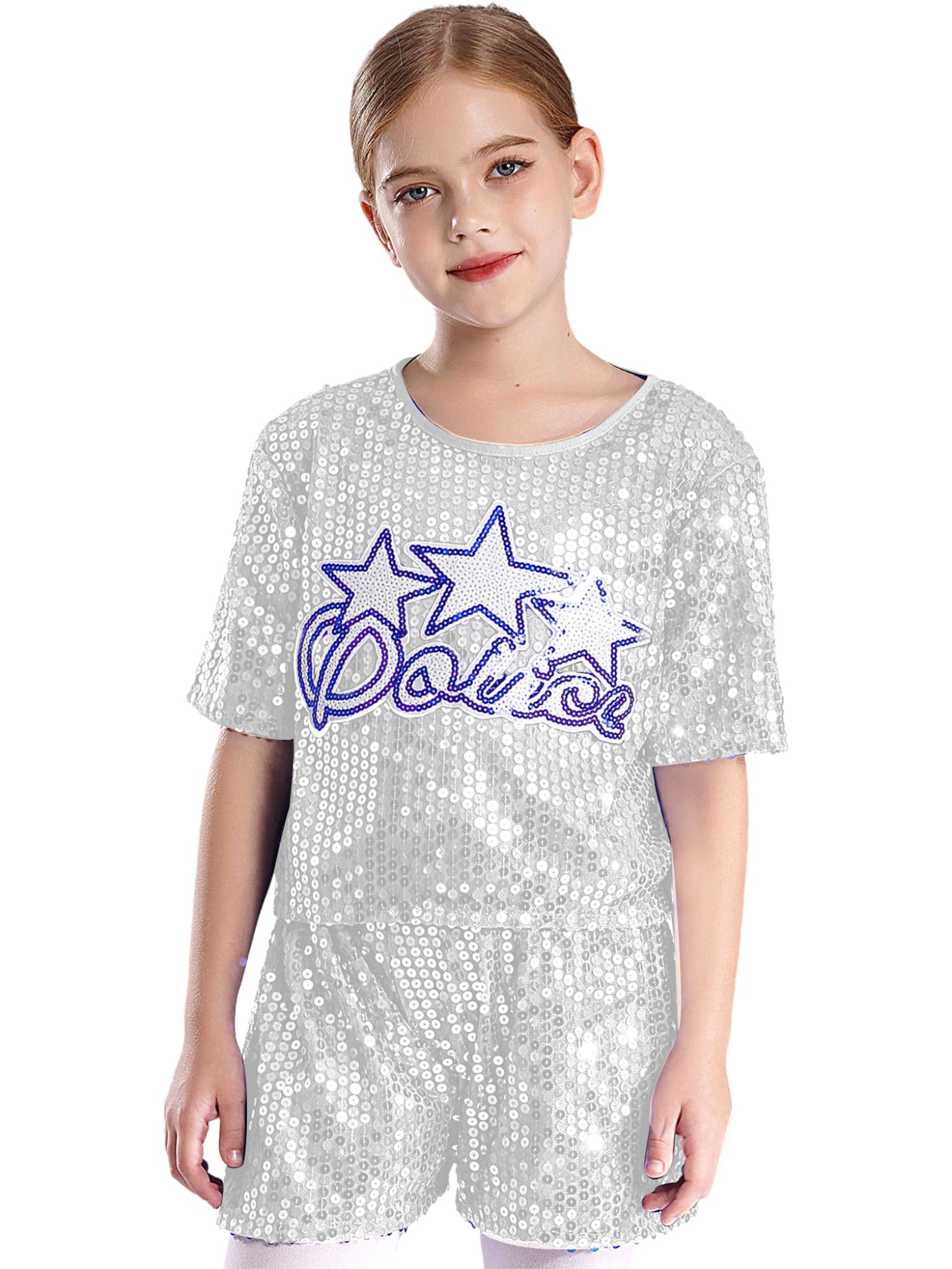 TTAO Kids Girls Sparkle Sequins Modern Dancing Clothes Hip Hop Jazz Performance Costume Dancewear Silver 5-6 Years