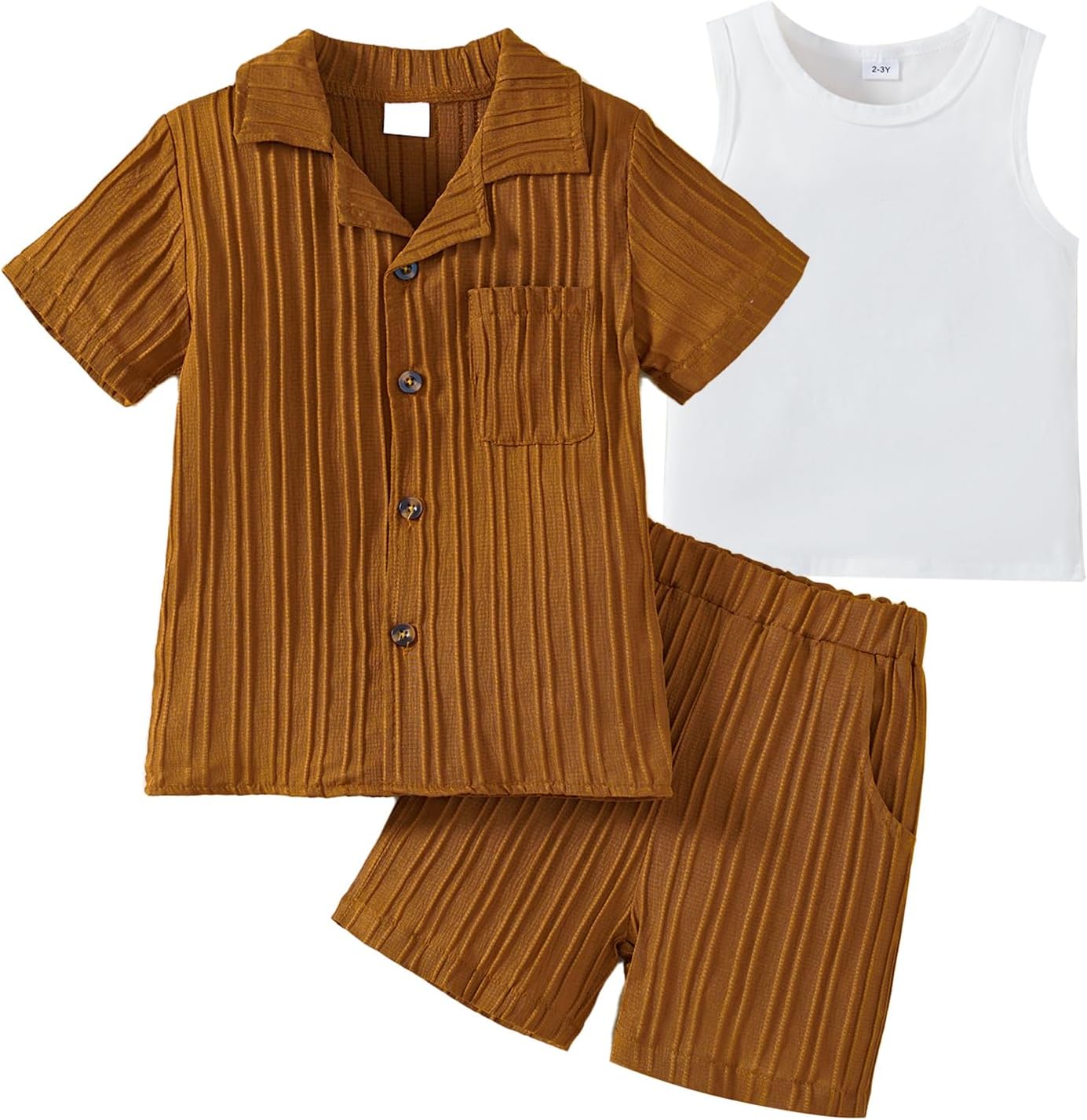 Kid Toddler Boy Clothes Short Sleeve Button-Down Shirt+Shorts+White Vest Summer Clothing Set 2-12 Years