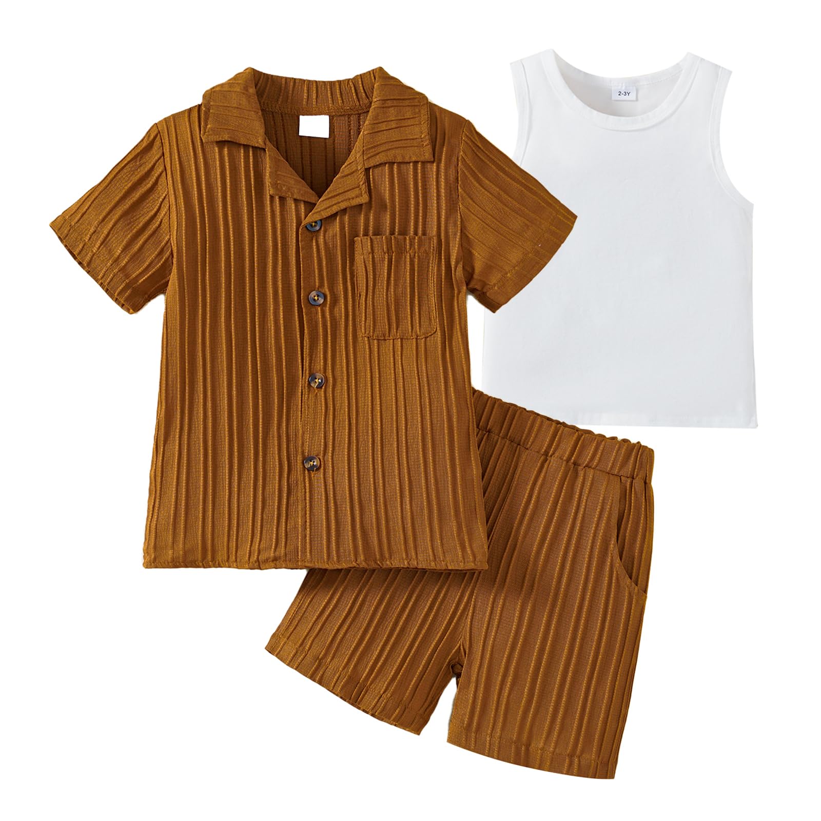 Kid Toddler Boy Clothes Short Sleeve Button-Down Shirt+Shorts+White Vest Summer Clothing Set 2-12 Years