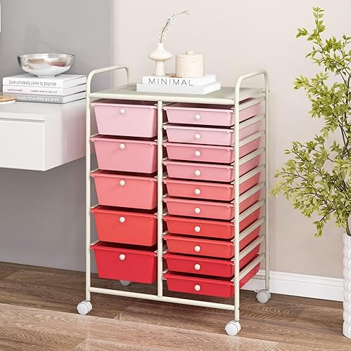 Miniatura 9 de COSTWAY Carrito de almacenamiento de 15 cajones, carrito multiusos con ruedas con ruedas bloqueables y cajones extraíbles, organizador de papel para