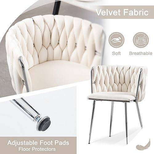 Miniatura 6 de Juego de 2 sillas de comedor de terciopelo, sillas laterales tapizadas tejidas con patas de metal plateado, sillas de ocio de acento moderno, sillas