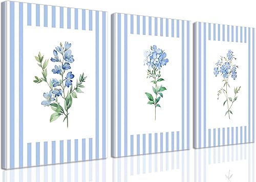 Arte de pared de flores azules (azulrústico azul y blanco, lienzo floral a rayas, juego de 3, pósteres retro de flores botánicas Cottagecore,