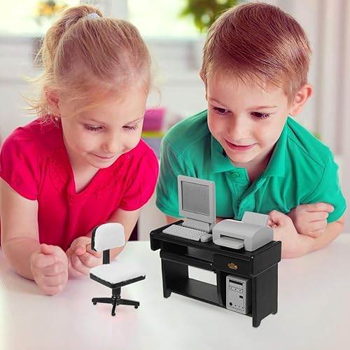 Miniatura 7 de Toyvian Muebles de oficina de escritorio en miniatura: 1 juego de mini escritorio de computadora para casa de muñecas y silla pequeña modelo