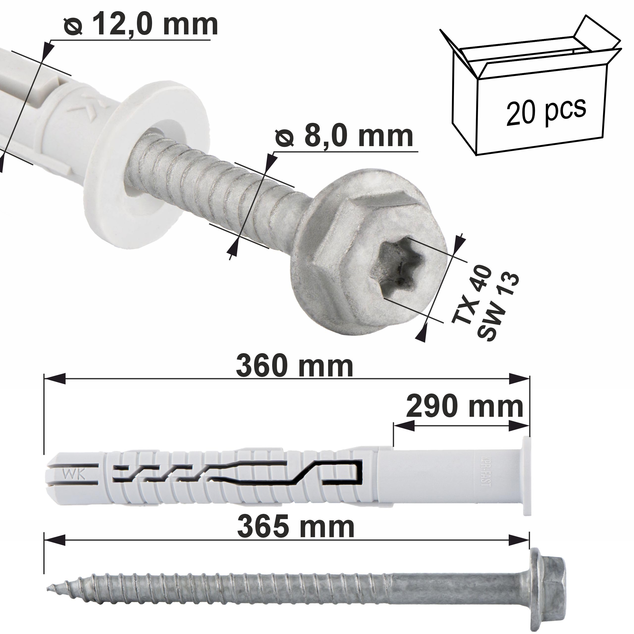 Schrauben Holzgewinde Torx Spreizdübel mit Kragen 4-fach-Spreizung 12x360