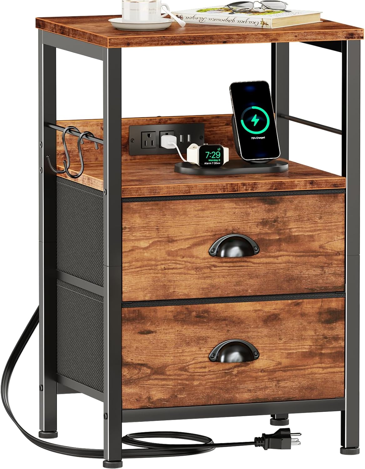 Furologee End Table with Charging Station, Nightstand with Fabric Drawers, Side Table with USB Ports & Outlets, Night Stand with Storage Shelf & Hooks, for Living Room/Bedroom, Rustic Brown Rustic Brown 1 pc(11"D x 14.96"W x 23.6"H)