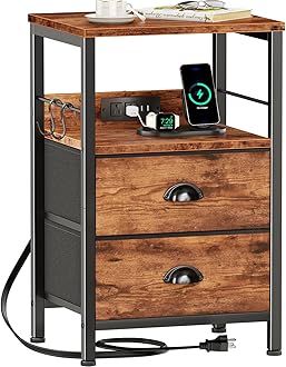 Furologee End Table with Charging Station, Nightstand with Fabric Drawers, Side Table with USB Ports & Outlets, Night Stand with Storage Shelf & Hooks, for Living Room/Bedroom, Rustic Brown