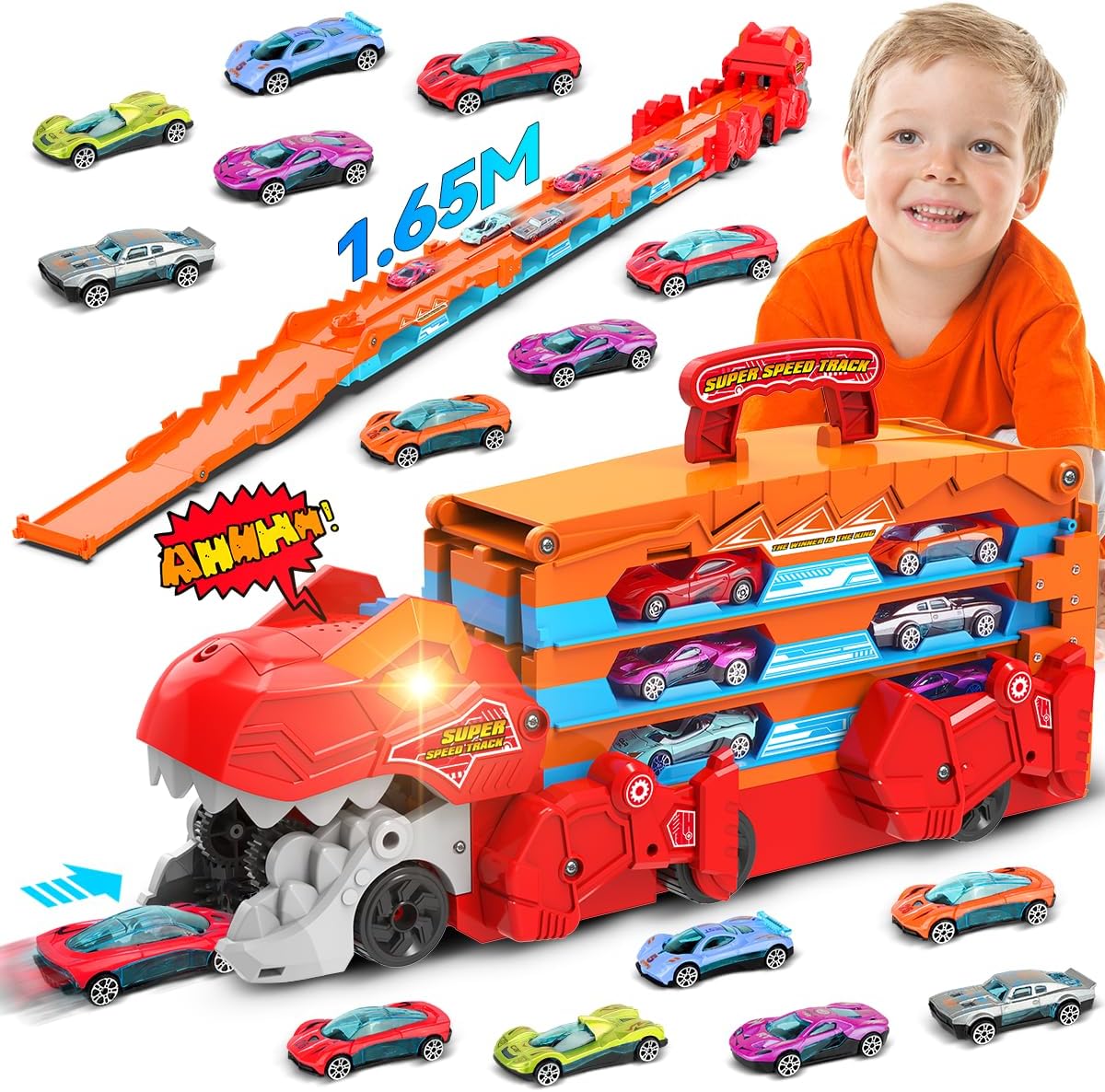 Dinosaur Transport Truck Toys Car for Boys Aged 3 4 5 6, 3-In-1 Portable Truck Toy with 8 Race Cars, Ejection Folding Dinosaur Track Toy with Sound, Best Gift Carrier Vehicles Set for Kids