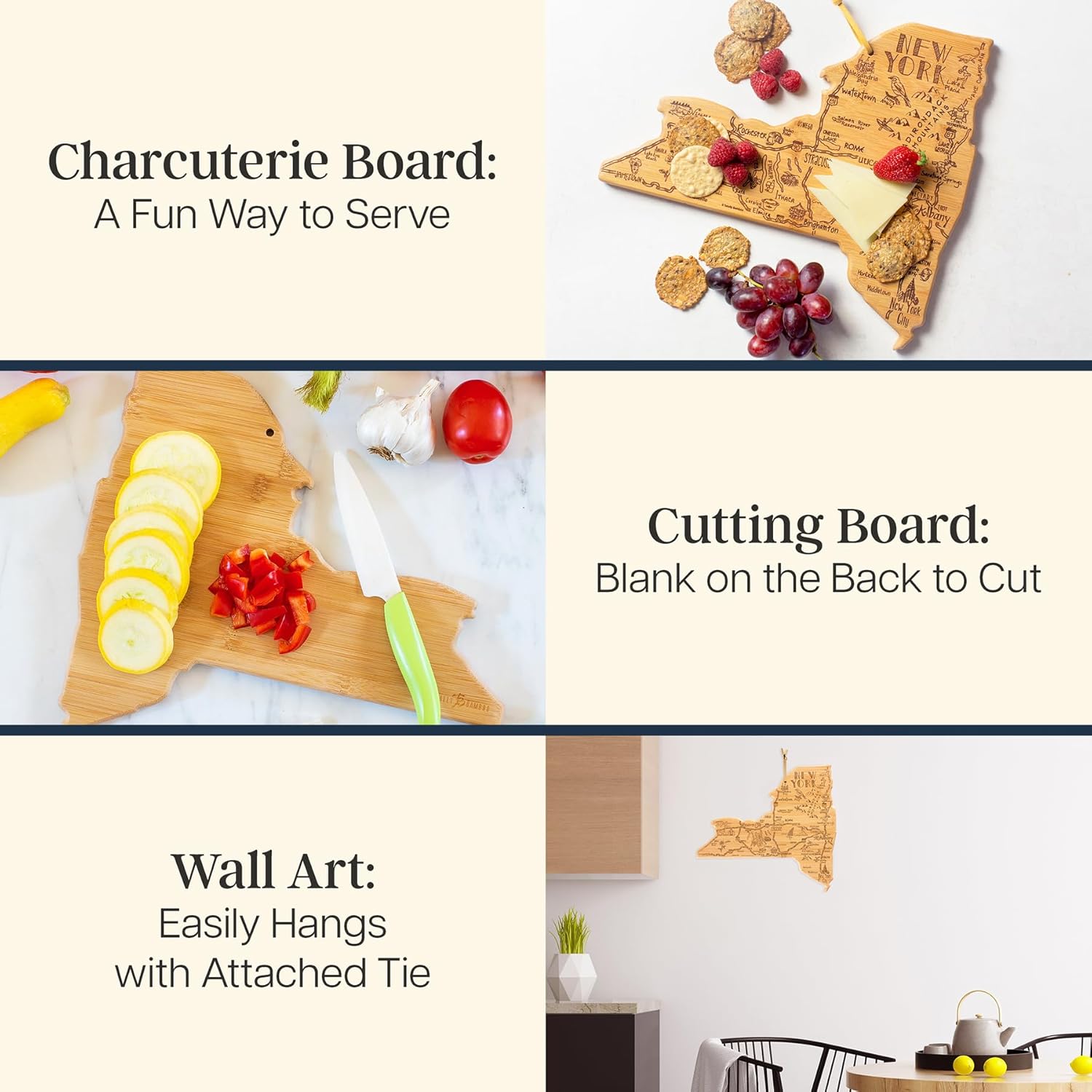 Totally Bamboo Destination New York Shaped Cutting Board – Bamboo Charcuterie and Serving Board with Hang Tie for Wall Display
