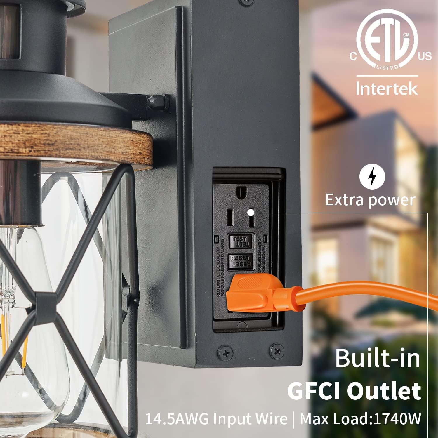 Dusk to Dawn Motion Sensor Outdoor Porch Light with GFCI Outlet,3 Lighting Modes Anti-Rust Waterproof Industrial Outdoor Lantern,Exterior Work lights Rustic Wood-Like Finish Wall Light (Brown, 1 Pack)