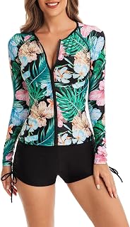 Ecupper Womens Two Piece Rash Guard Set Full Zip Long Sleeve Swim Shirt with Boyshort Surfing Bathing Suit with Built in Bra