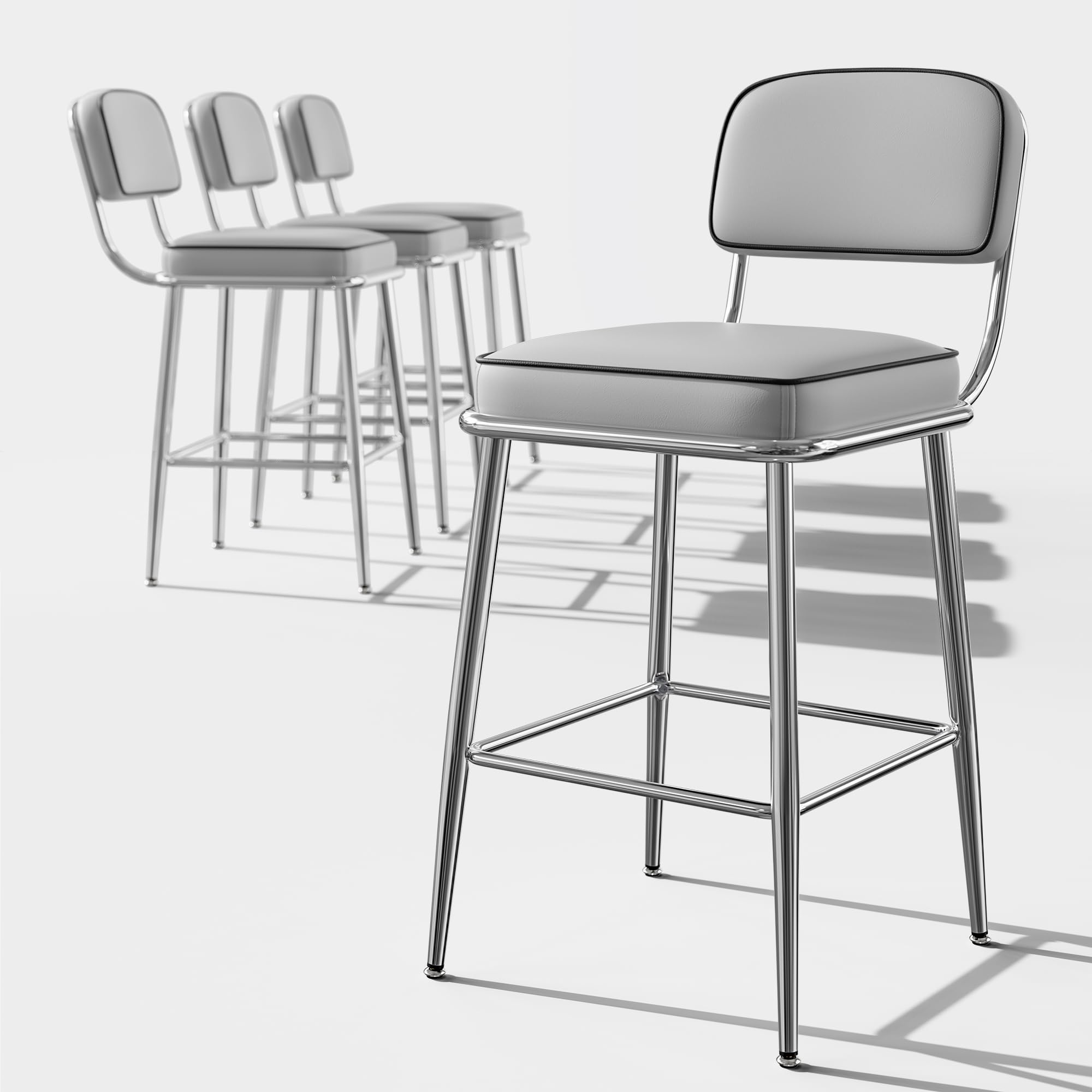 Bananister Modern Counter Height Bar Stools Set of 4, 26" Grey Faux Leather with Silver-Plated Metal Legs, Footrest, Kitchen Island Dining Chair, Easy