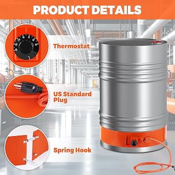 YJINGRUI 1000W Metal Drum Heater, 55 Gallon, 5 * 68.5in | Drum Pail Heater, SiliconeDrum Pail Heater, Barrel Band Warmer, With Thermostat, 110V