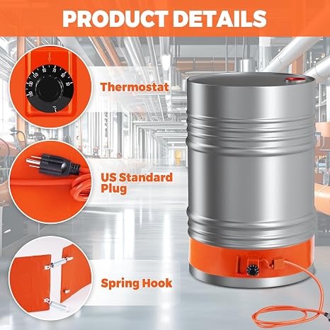 YJINGRUI 1000W Metal Drum Heater, 55 Gallon, 5 * 68.5in | Drum Pail Heater, SiliconeDrum Pail Heater, Barrel Band Warmer, With Thermostat, 110V