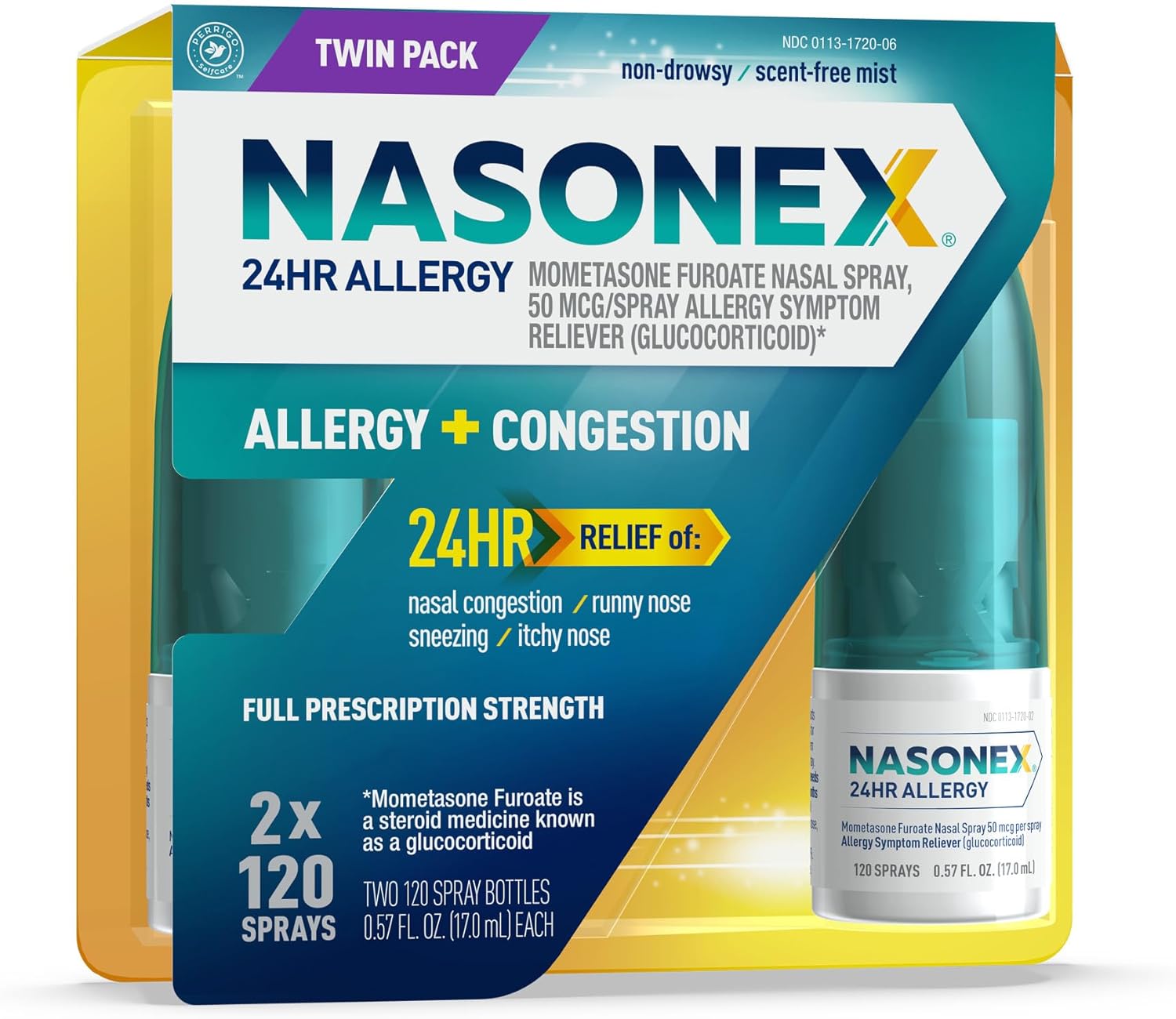 Nasonex 24HR Allergy Nasal Spray, Non-Drowsy, Scent-Free Mist, Allergy Symptoms + Nasal Congestion, Full Prescription Strength, 120 Sprays, 2 Pack