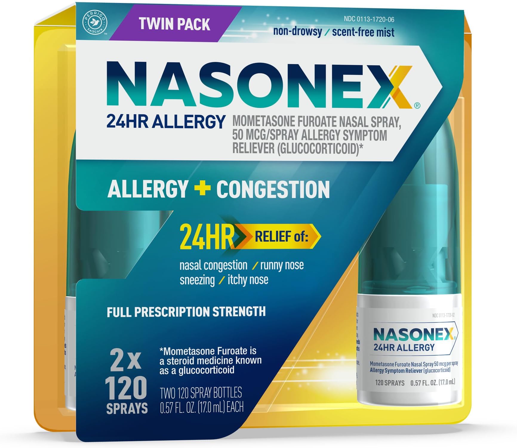 24HR Allergy Nasal Spray, Non-Drowsy, Scent-Free Mist, Allergy Symptoms + Nasal Congestion, Full Prescription Strength, 120 Sprays, 2 Pack