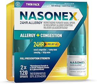 Nasonex 24HR Allergy Nasal Spray, Non-Drowsy, Scent-Free Mist, Allergy Symptoms + Nasal Congestion, Full Prescription Strength, 120 Sprays, 2 Pack