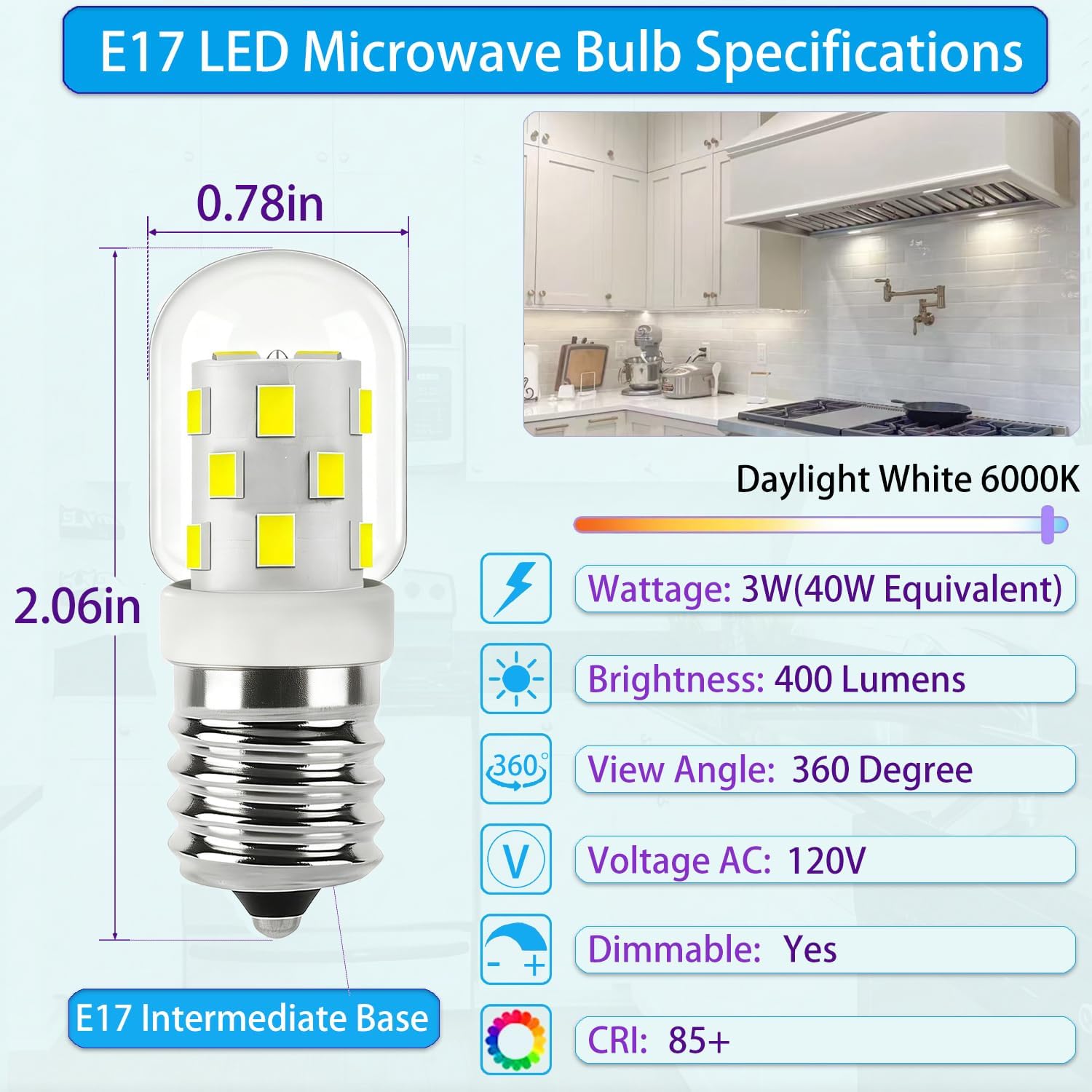 LED Microwave Light Bulb Dimmable，E17 Intermediate Base，120V，T7 Appliance Bulb，3W，Under Hood 40W Equivalent，400LM，for Range Hood，Refrigerator，Replace Under Microwave（2Pack 6000K Daylight White）